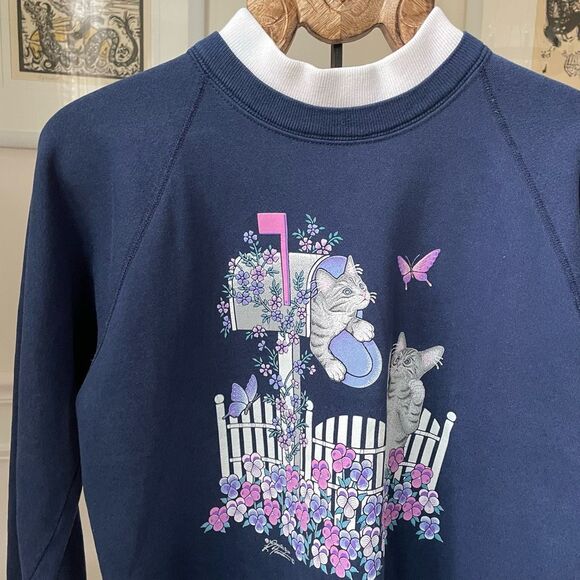 Vintage 80s 90s Cat Butterfly Layered Look Sweatshirt L - Picture 1 of 7